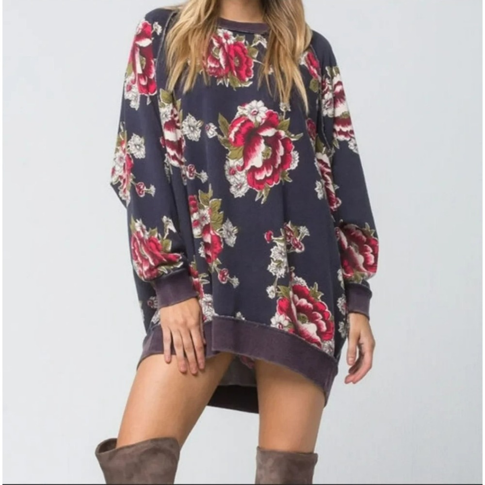 Free People Go On Get Floral Sweatshirt Size L Slouchy Oversized Pullover BOHO